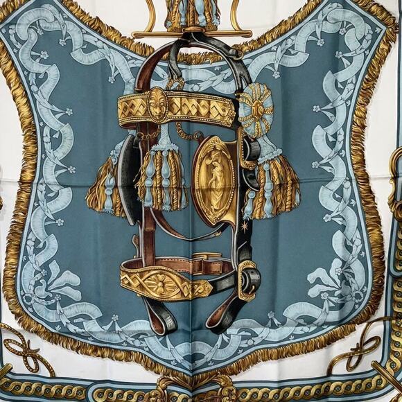 Hermes Bride de Cour Brown, Blue, White, and Gold 100% Silk Scarf 90cm Square - Picture 11 of 16